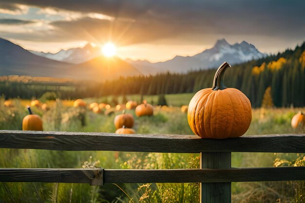 Pumpkins on a fence in front of a sunset