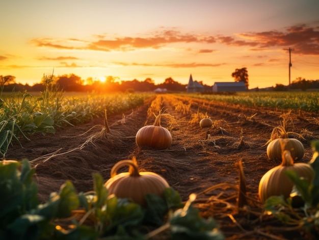 pumpkins in a field at sunset