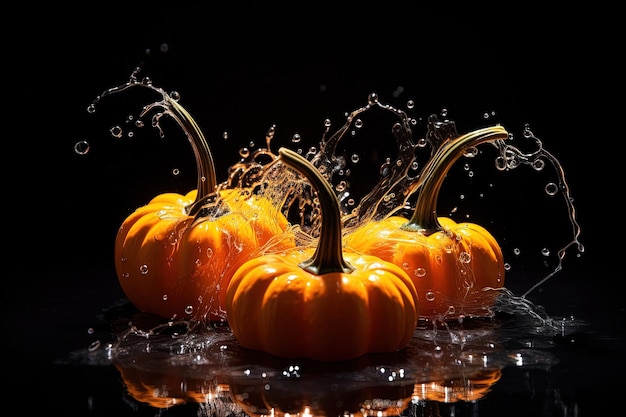 Pumpkins float on black background