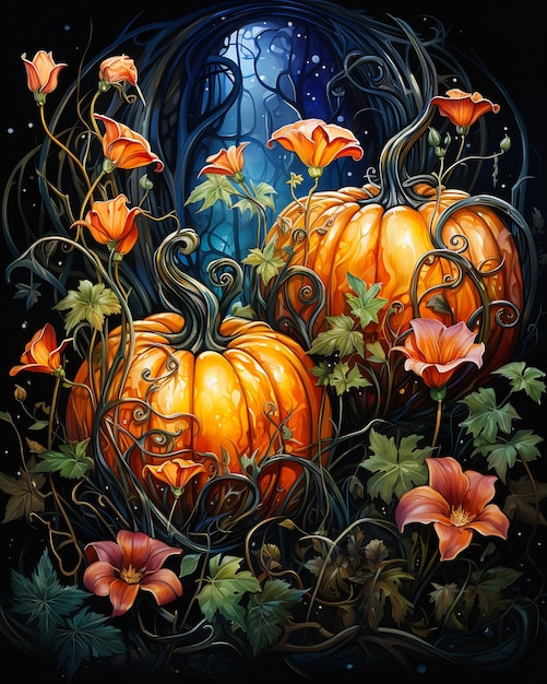 Pumpkins Flowers and the Full Moon A Stunning Drawing of a Ha