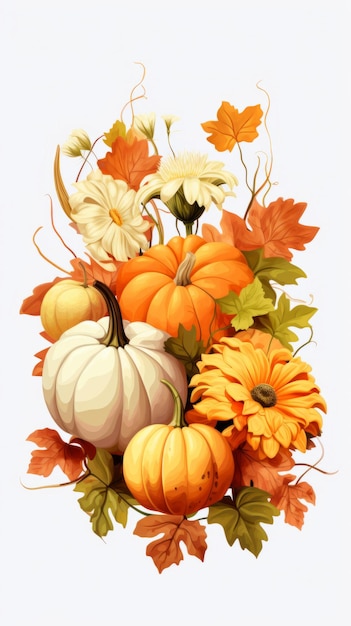 pumpkins and flowers in a vase on a white background