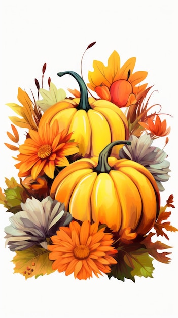 pumpkins and flowers on a white background