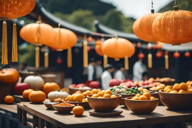 Photo pumpkins and gourds are displayed at a market.