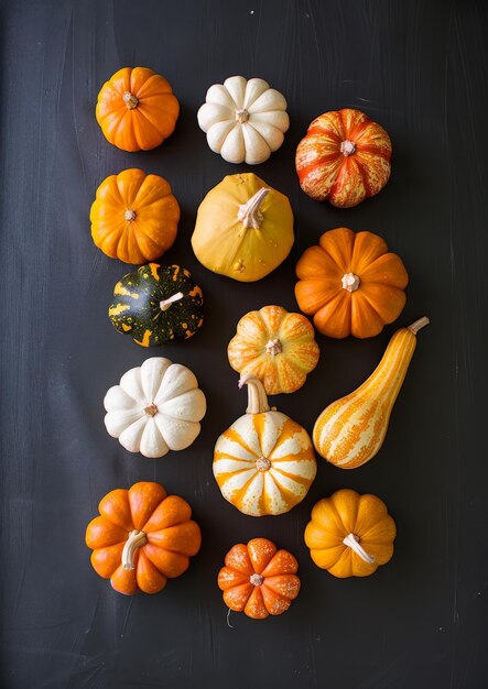 Pumpkins and Gourds Arranged on a Black Background
