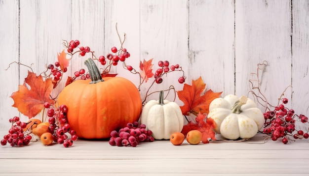 Pumpkins grapes and maple leaves decor display on wooden wall and floor