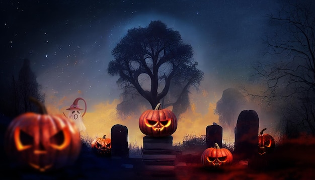 Pumpkins In Graveyard Halloween Background 3d illustration