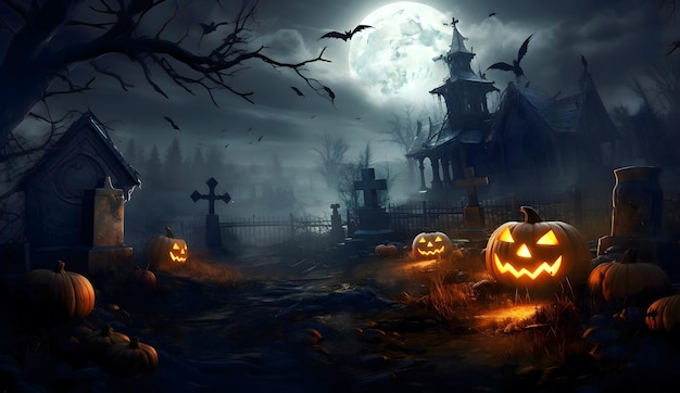 Pumpkins In Graveyard In The Spooky Night dark sky with jack o lantern castle Generative AI