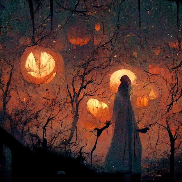 Pumpkins In Graveyard In The Spooky Night Halloween Backdrop Haunted House In Spooky Forest At Night With Pumpkins And Ghosts Digital generated illustration