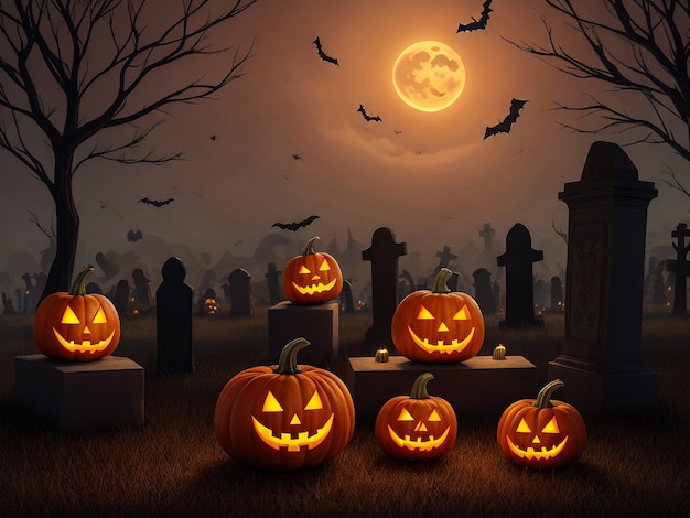 Pumpkins In Graveyard In The Spooky Night Halloween Backdrop