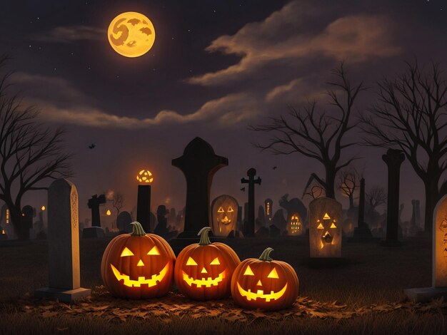 Тыквы на кладбище в жуткой ночи на фоне Хэллоуина