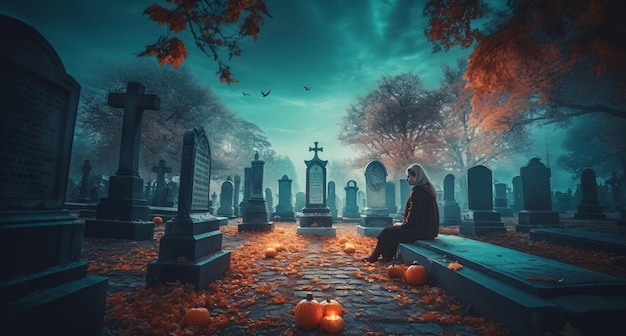Pumpkins In Graveyard In The Spooky Night Halloween Backdrop