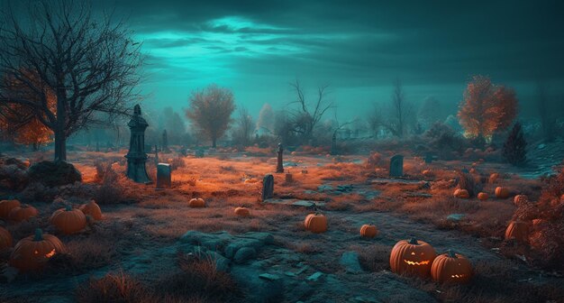 Photo pumpkins in graveyard in the spooky night halloween backdrop