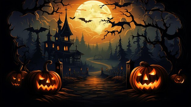 Photo pumpkins in graveyard in the spooky night halloween backdrop