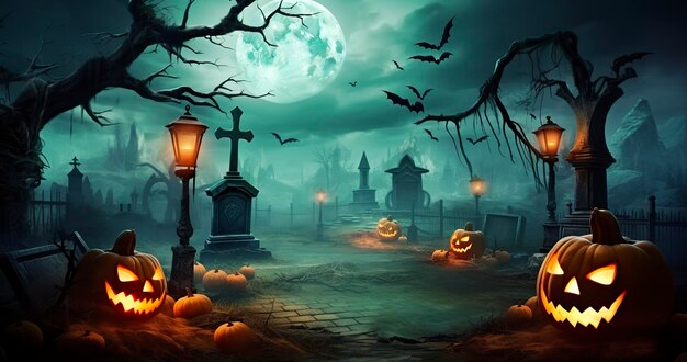 Pumpkins in graveyard in the spooky night halloween backdrop