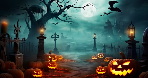 Тыквы на кладбище в жуткой ночи на фоне Хэллоуина