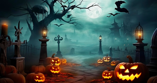 Pumpkins In Graveyard In The Spooky Night Halloween Backdrop