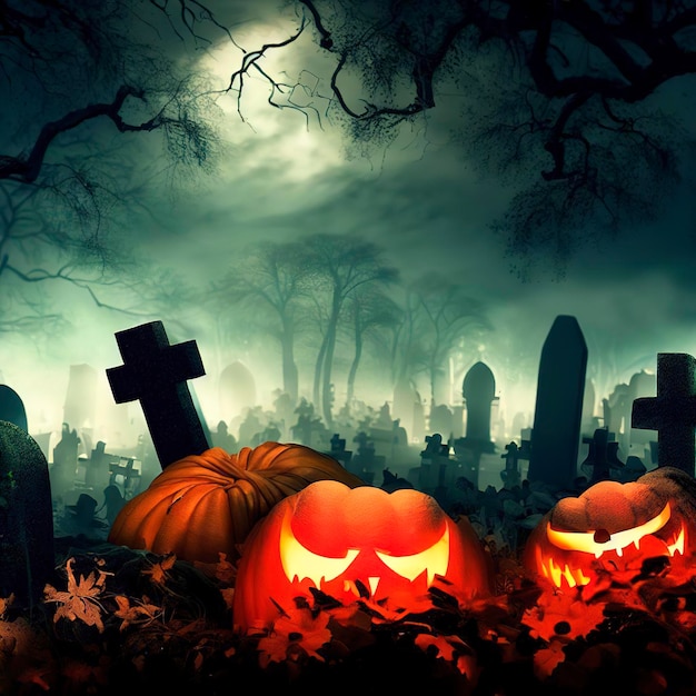 Pumpkins In Graveyard In The Spooky Night Halloween Backdrop