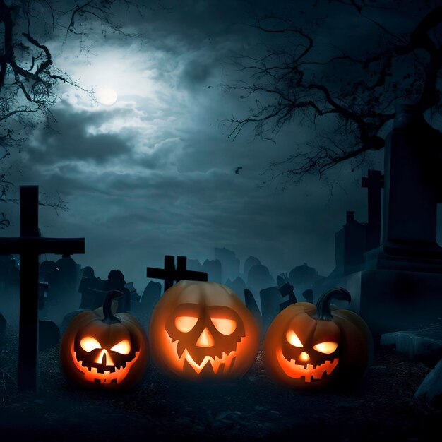 Pumpkins In Graveyard In The Spooky Night Halloween Backdrop