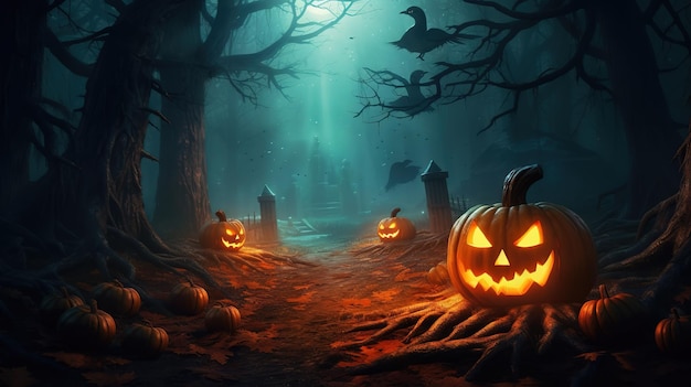 Pumpkins In Graveyard In The Spooky Night Halloween Background