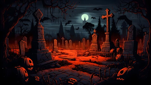 Pumpkins In Graveyard In The Spooky Night