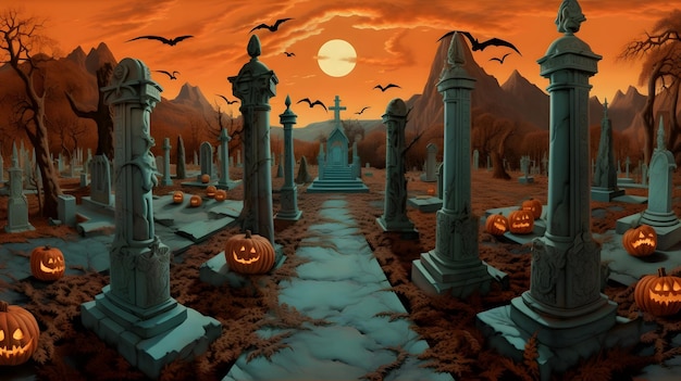 Photo pumpkins in graveyard in the spooky night