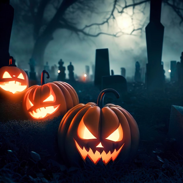 Pumpkins In Graveyard In The Spooky Night