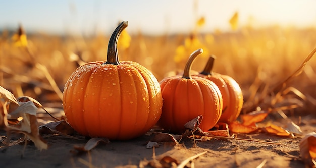 Pumpkins on the ground in front of a sunset in the field Group Of Pumpkins In Field At Sunset