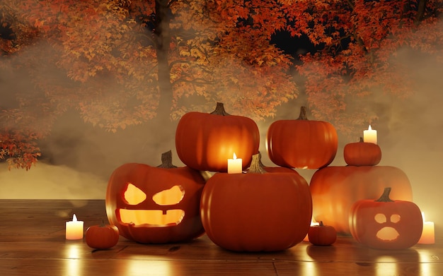 Zucche e candele di halloween con fumo 3d