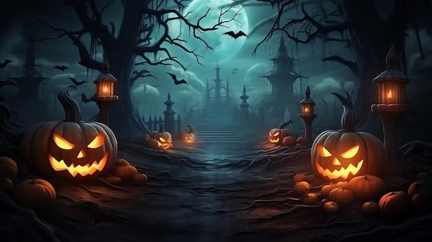 A pumpkins and lanterns in a forest