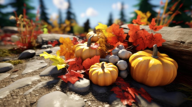 pumpkins leaves and other fall decorations are displayed on the ground