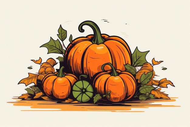 pumpkins and leaves on a white background