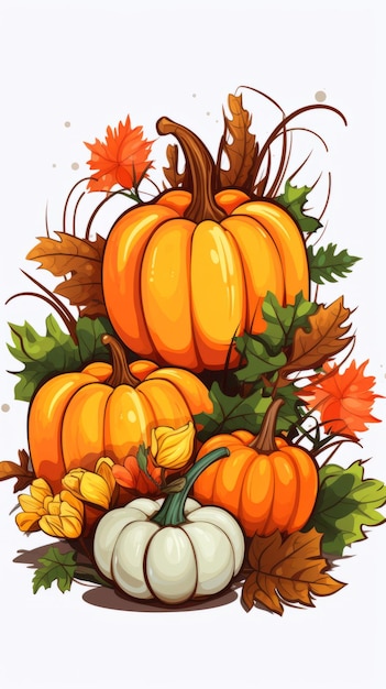 pumpkins and leaves on a white background