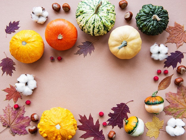 Pumpkins on a light brown background