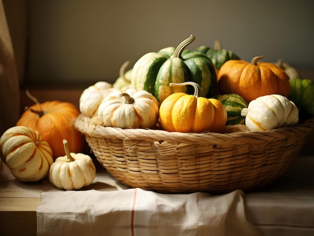 pumpkins many pumpkins of different colors and shapes in a basket still life AI generated