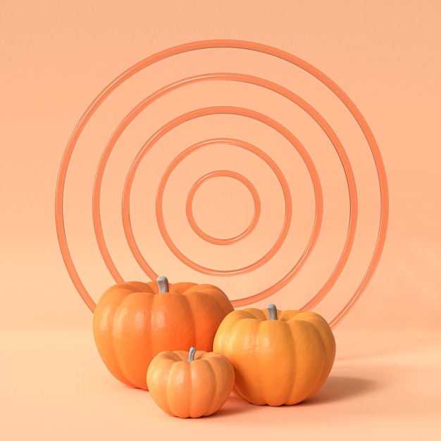 秋の休日や販売の広告のためのオレンジ色の背景のカボチャ、3Dレンダリング