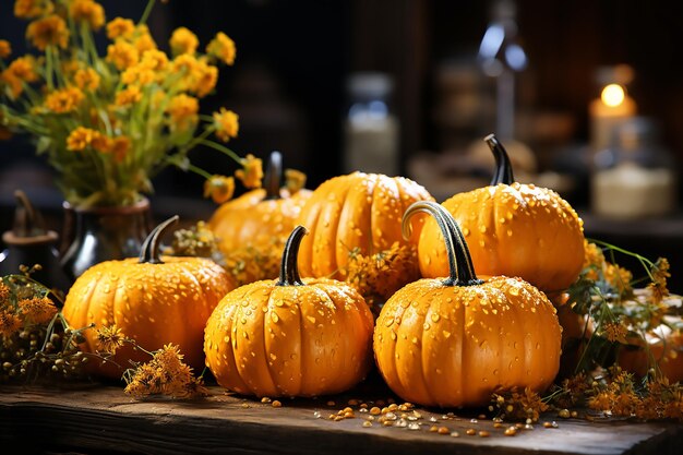 Pumpkins and orange flowers autumn composition on wood background copy space for text Generative AI