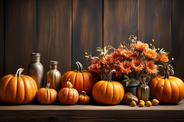 Pumpkins and orange flowers autumn composition on wooden background generative ai