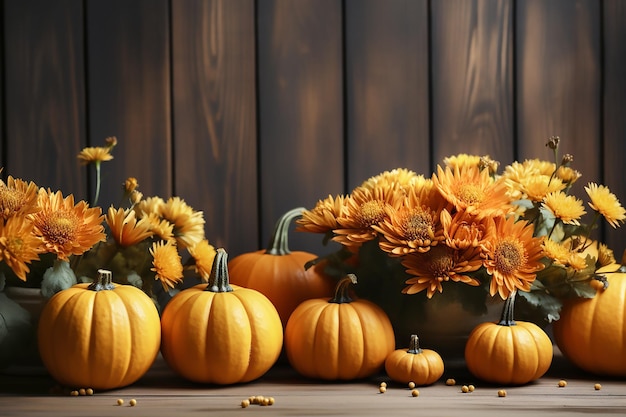 Pumpkins and orange flowers autumn composition on wooden background Generative AI