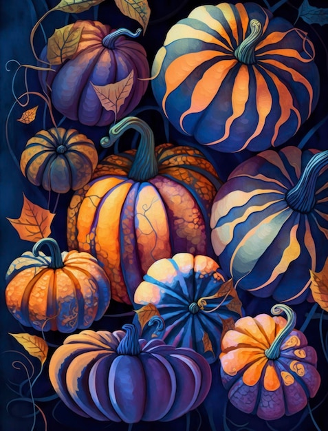 Pumpkins painted in watercolor on a blue background in the style of repeating pattern layered mesh