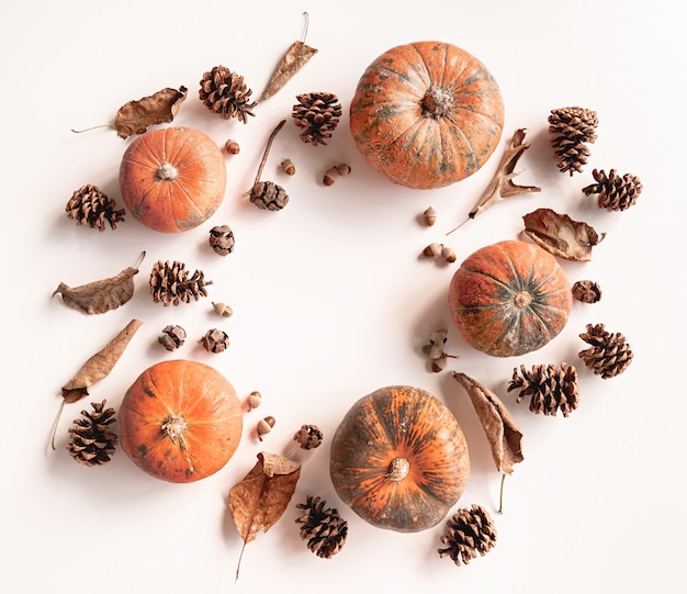 Pumpkins, pine cones, dry leaves and acorns in a circle frame