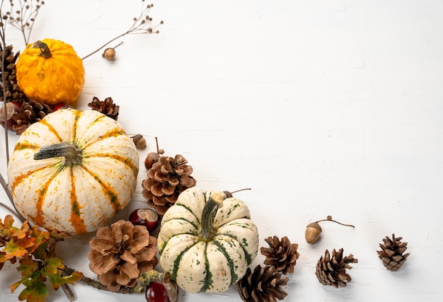 Pumpkins and pinecones with space for your text - autumn themed background