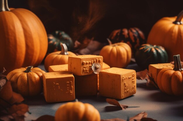 Pumpkins and pumpkins on a table with autumn leaves on the table.