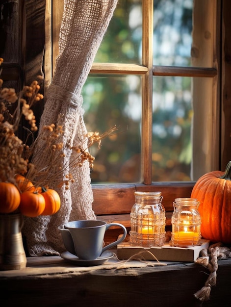 pumpkins and pumpkins on a window sill