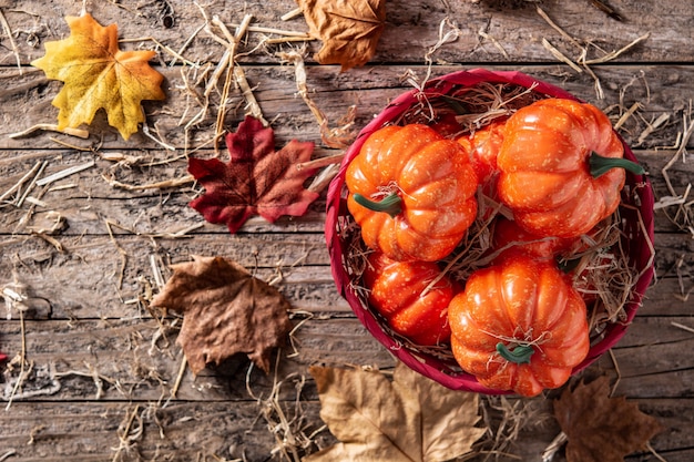 Pumpkins in a red basket on rustic wooden table with leaves