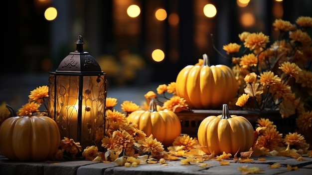 Pumpkins and rustic decoration outdoors