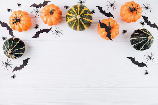  Pumpkins, spiders and bats on white wooden