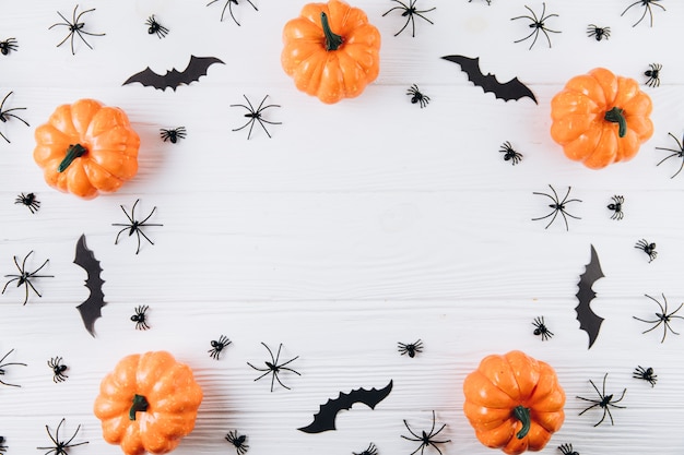  Pumpkins, spiders and bats on white wooden