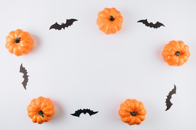  Pumpkins, spiders and bats on white