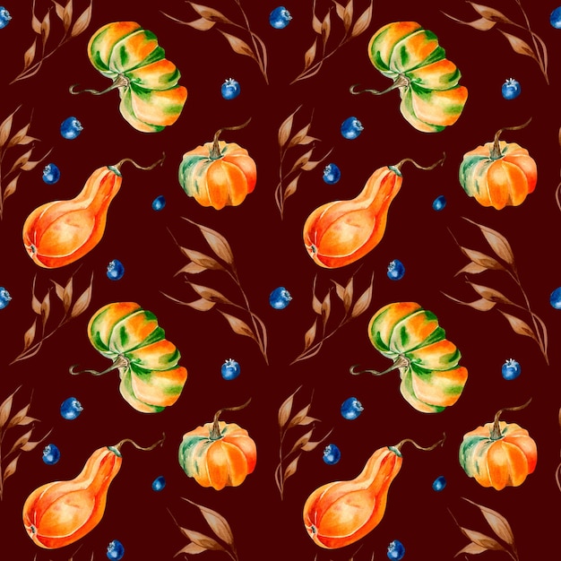 Pumpkins spikelet blueberry watercolor seamless pattern on dark