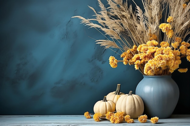 Pumpkins spikelets and orange dried flowers on blue background copy space for text Generative AI